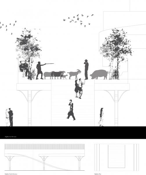 A highline connecting to the farm is proposed to create a circulation path for herding animals, as well as to expropriate the space for the public in collaboration with the Union Theatre Centre as an alternative entrance.